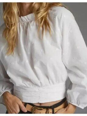 Maeve by Anthropologie Cropped White Swiss Dot Textured Puff Sleeve Top Size 14